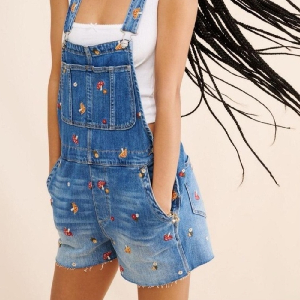 NWOT Driftwood x Free People Mushroom Embroidered Denim Overalls Shortalls - M